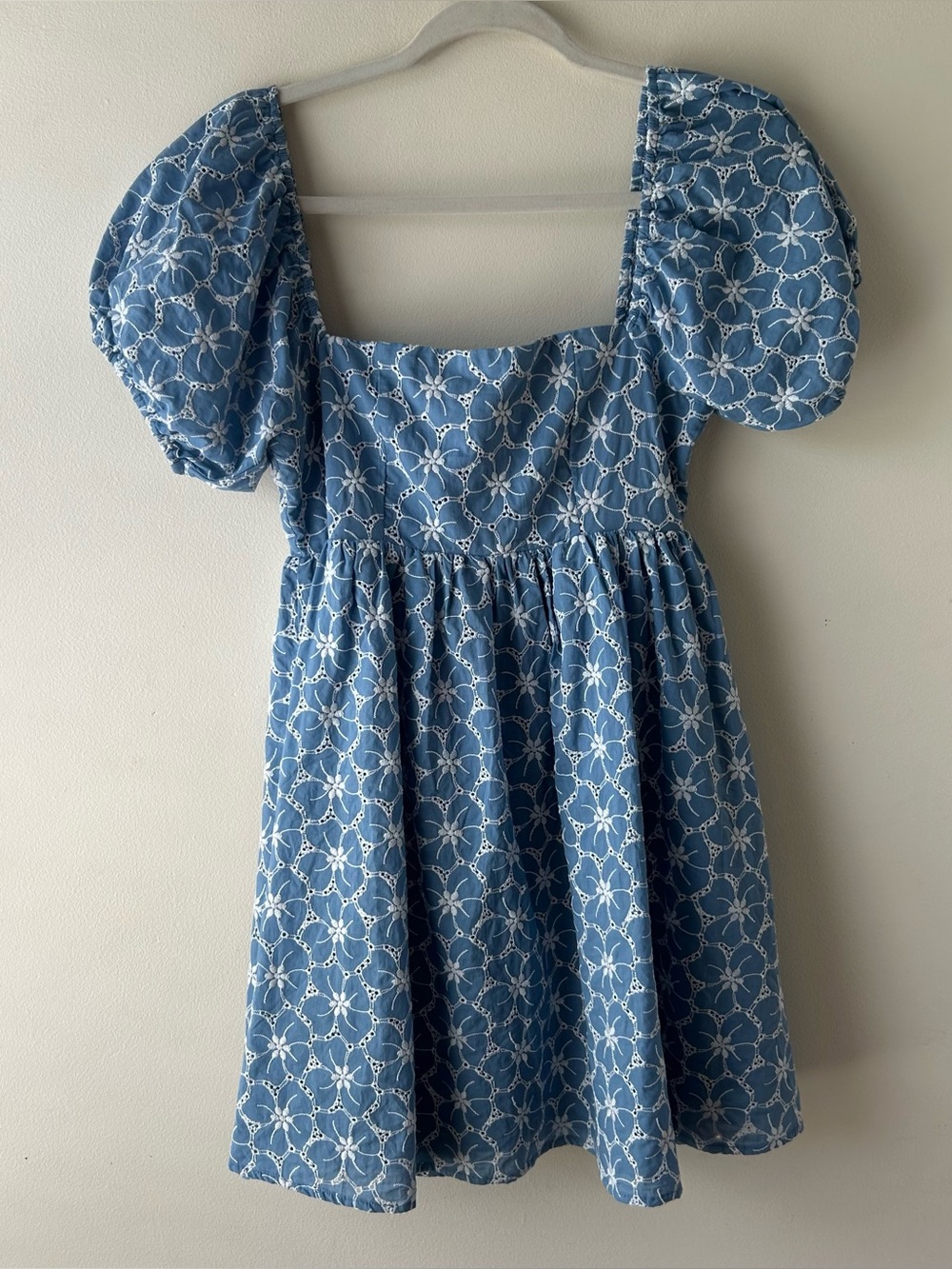 Lulus Fit to Frolic Blue Eyelet Lace Puff Sleeve Mini Babydoll Dress Blue XS - Picture 2 of 7